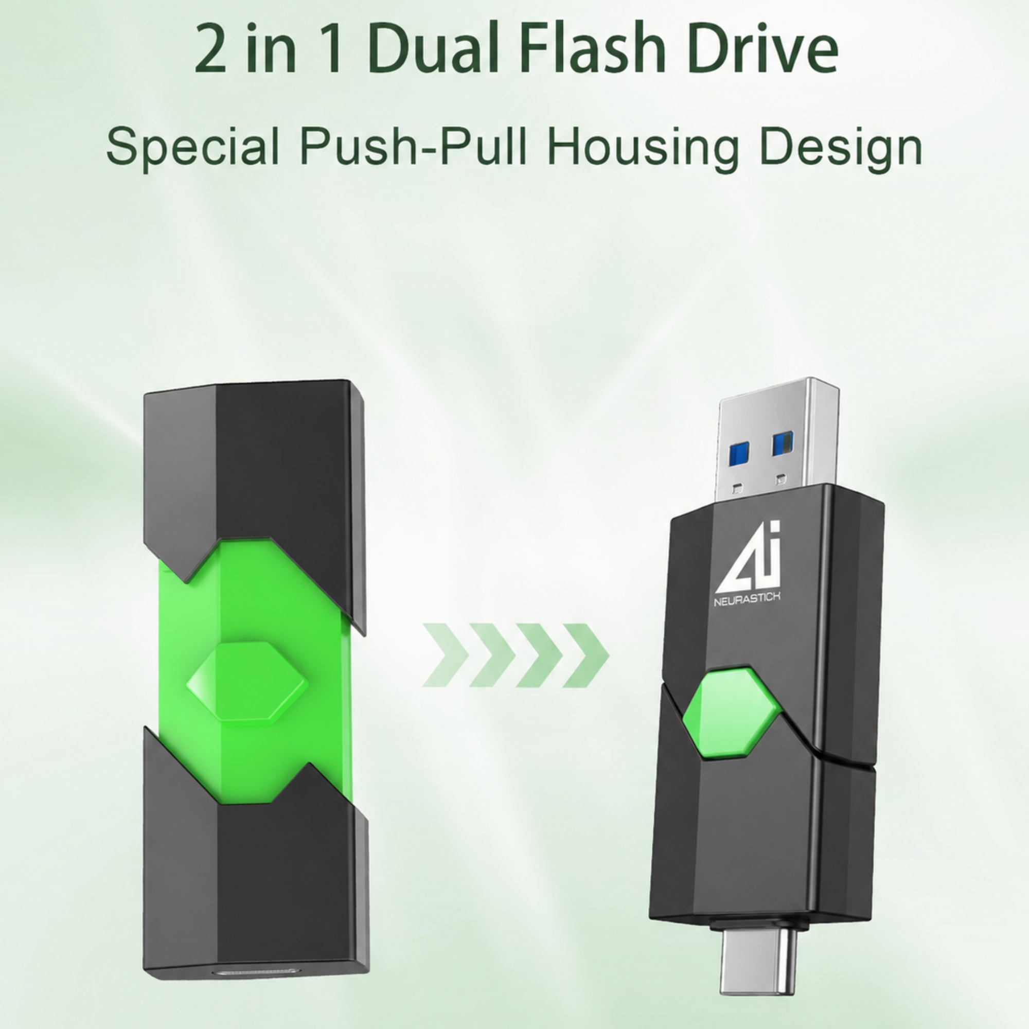 Neurastick push-pull housing revealing USB-A and USB-C connectors