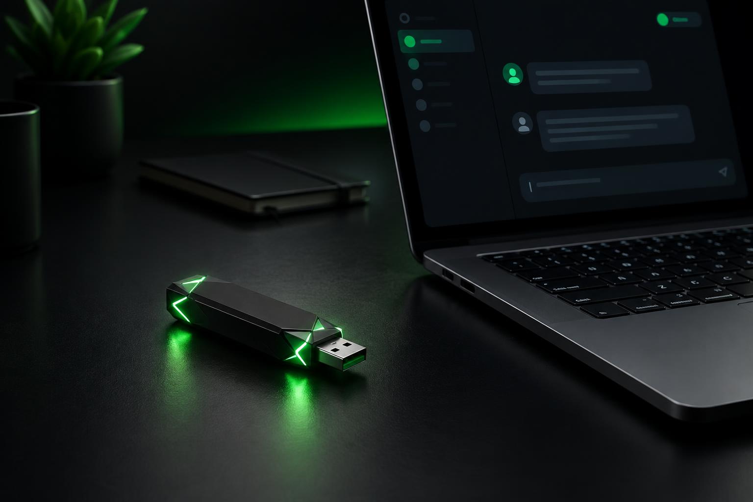 Matte black Neurastick USB AI drive with glowing green facets beside a laptop running a private offline AI chat
