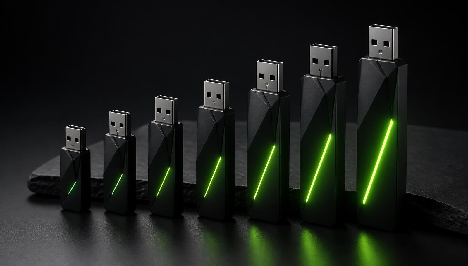 Six Neurastick USB AI drives arranged from smallest to largest with rising green light seams
