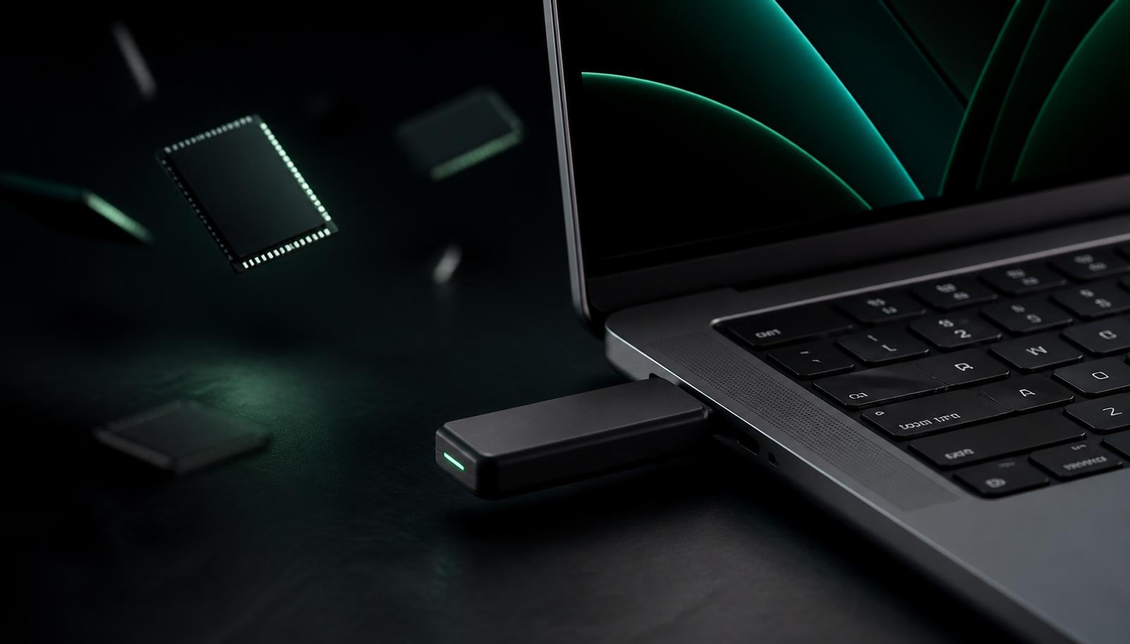 Laptop on a dark desk with a Neurastick USB AI drive plugged in and memory chips floating nearby