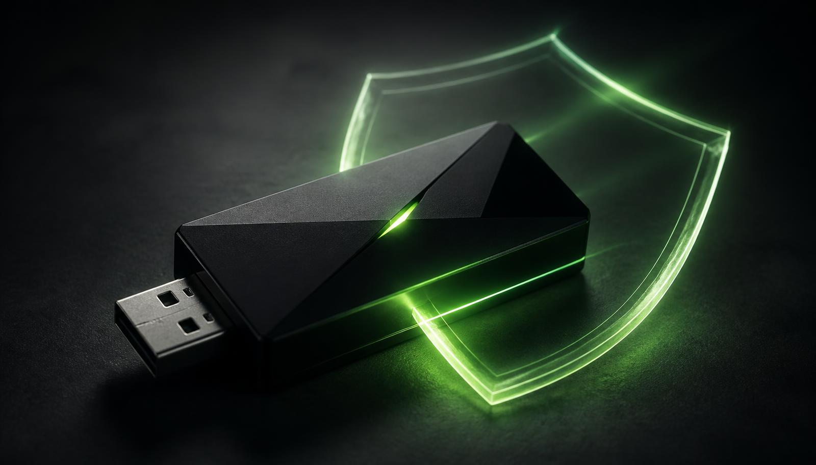 Matte black Neurastick USB AI drive glowing green beside a light shield symbol on a dark surface