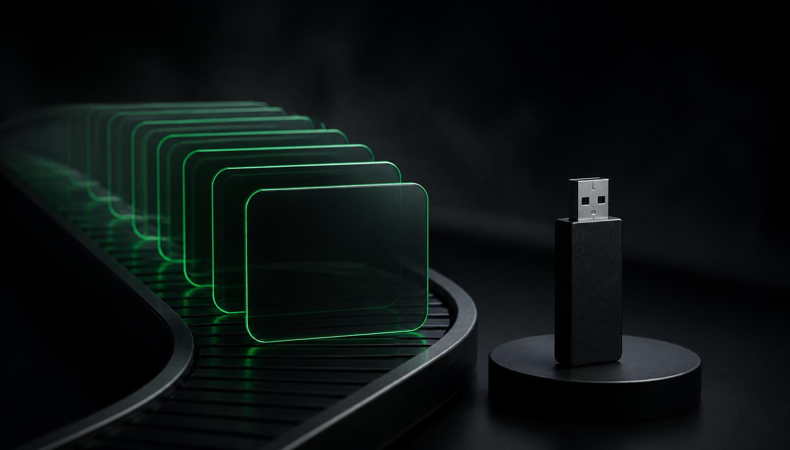 Glowing green subscription cards moving along a conveyor next to a single black USB AI drive on a pedestal